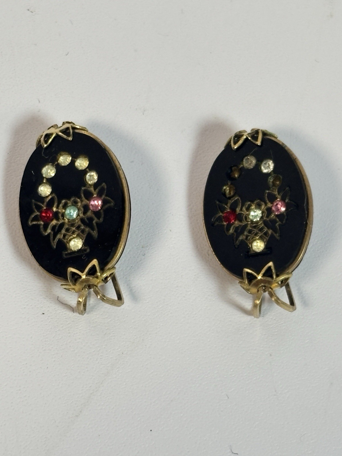 Vintage Hillcraft Black Oval Rhinestone Flower Basket Clip On Earrings Box READ