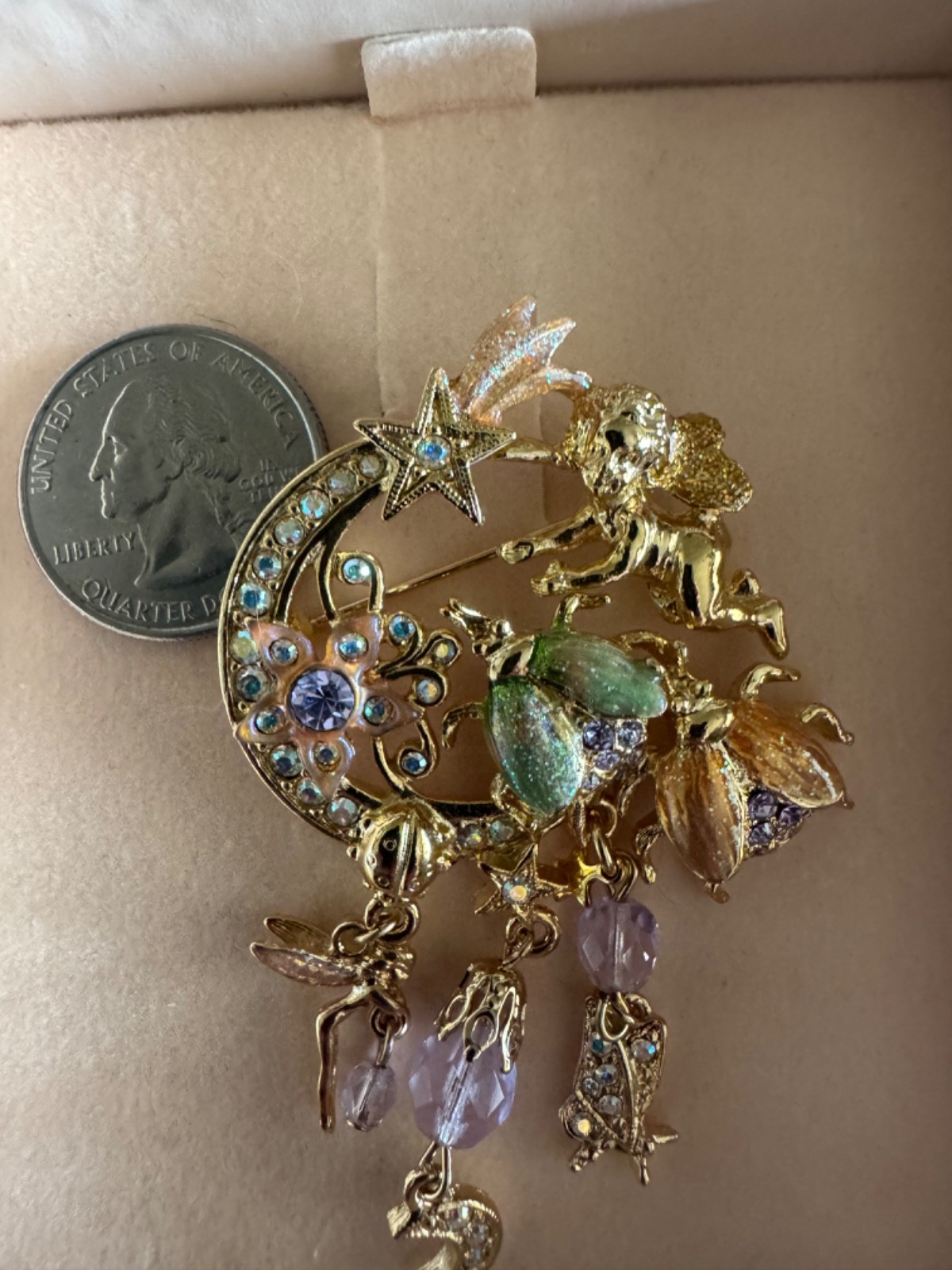 Kirks Folly Fairy Fireflies Brooch Pin Dangle Stars Moon Flowers Flies in box