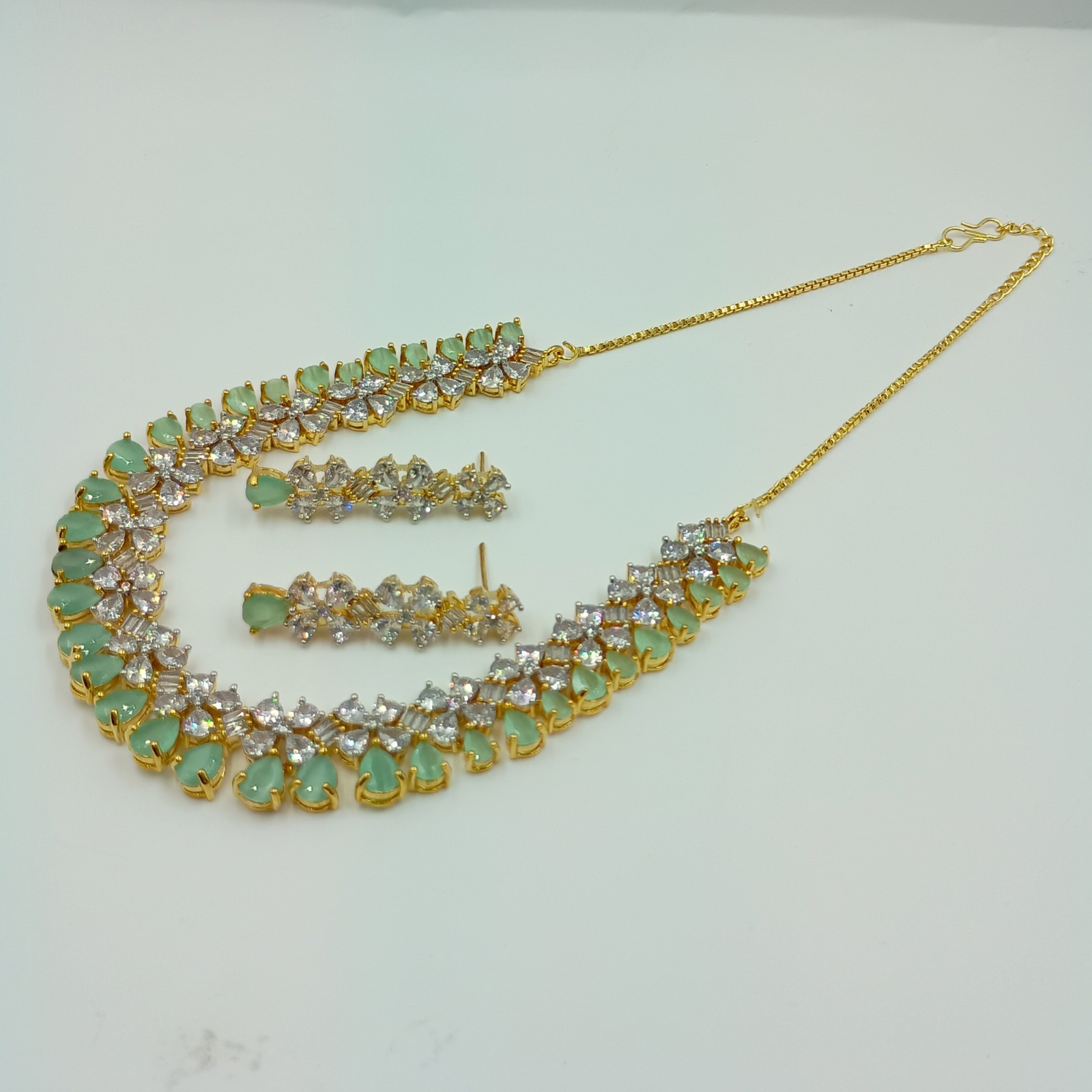 Designer Chalcedony CZ Diamond Gold Plated Necklace Set Bridal Jewelry For Women