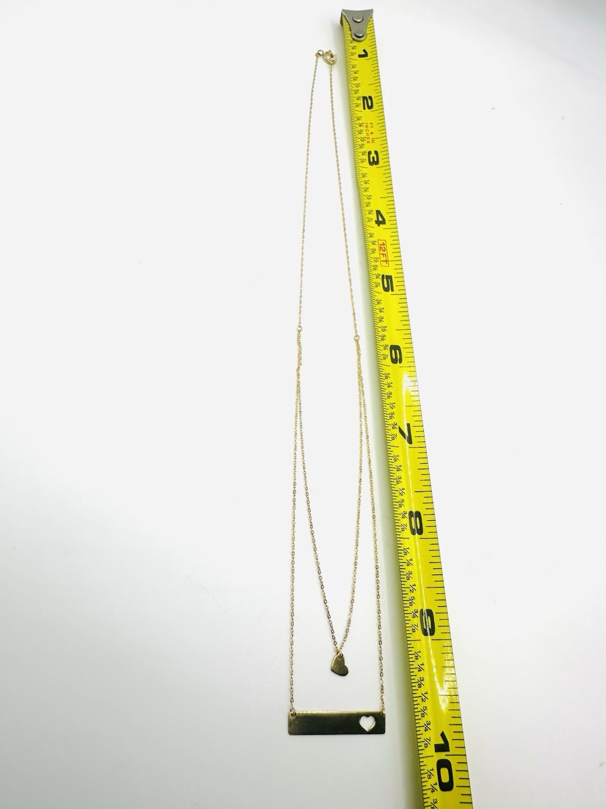 14K Gold Double Layer Bar Necklace Heart Cutout Heart Charm 20″ Fine Jewelry
