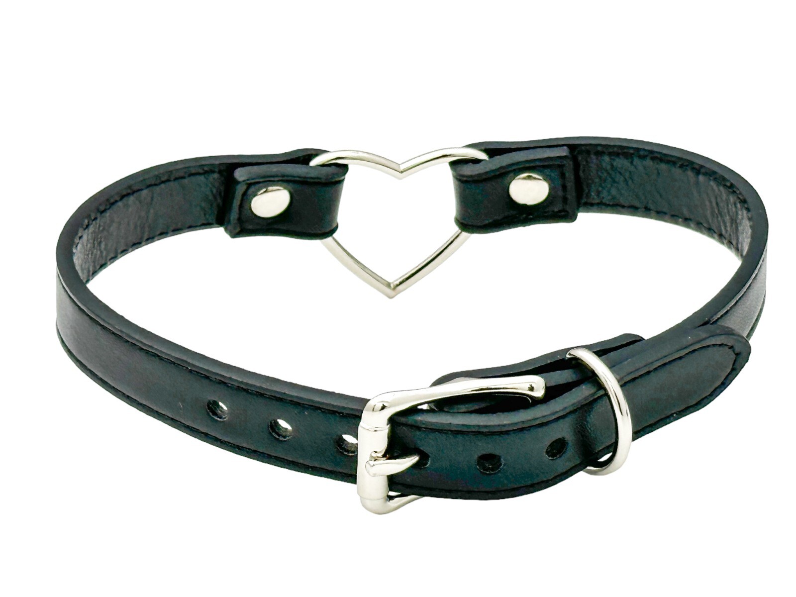 Name SILVER HEART RING Choker BDSM Collar Vegan Leather Necklace O Ring Fetish