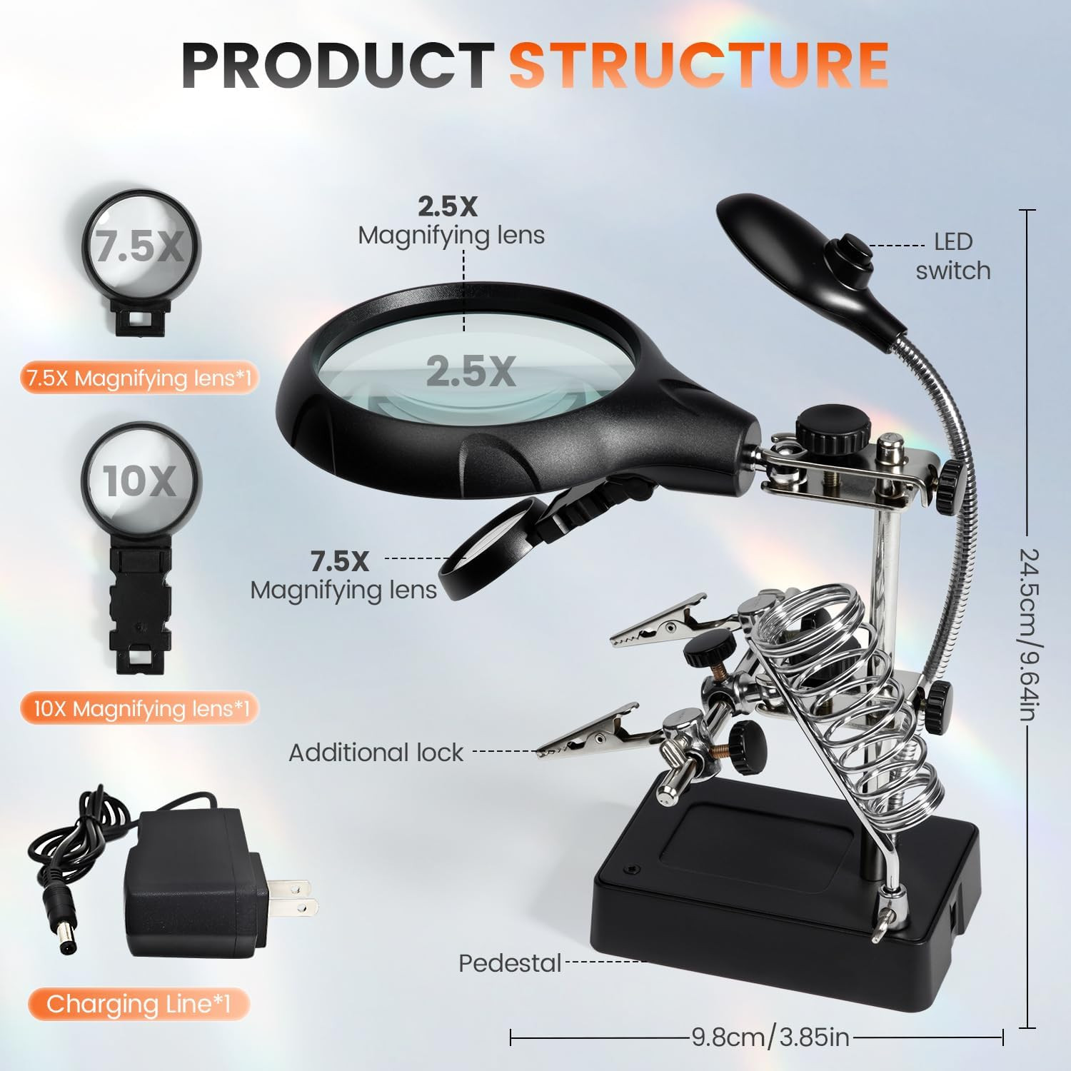 Desktop LED Lighted Magnifying Glass Soldering Station, Adjustable