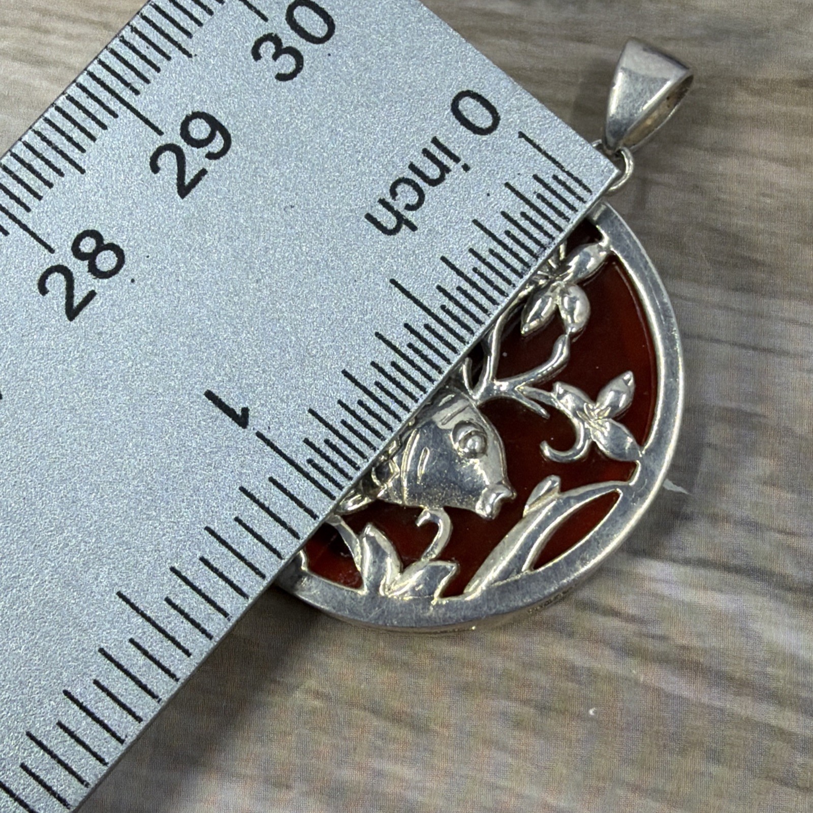 Vintage Sterling Silver Koi Fish Carnelian Pendant Round Filigree Medallion