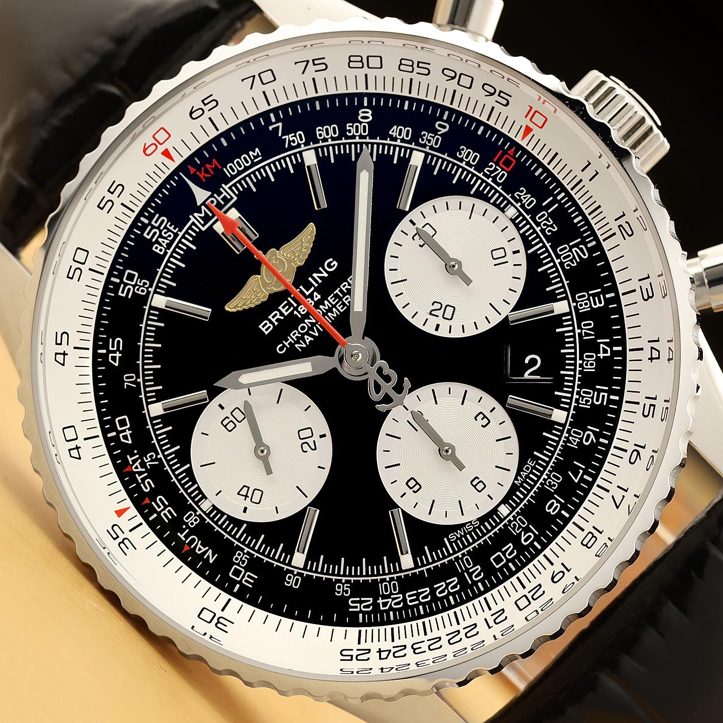 BREITLING NAVITIMER 01 BLACK DIAL AB0120 43MM STAINLESS STEEL LEATHER WATCH