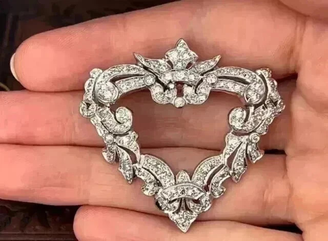 3 Ct Round Lab Created Diamond Heart Pendant Brooch Pin 14K Yellow Gold Plated