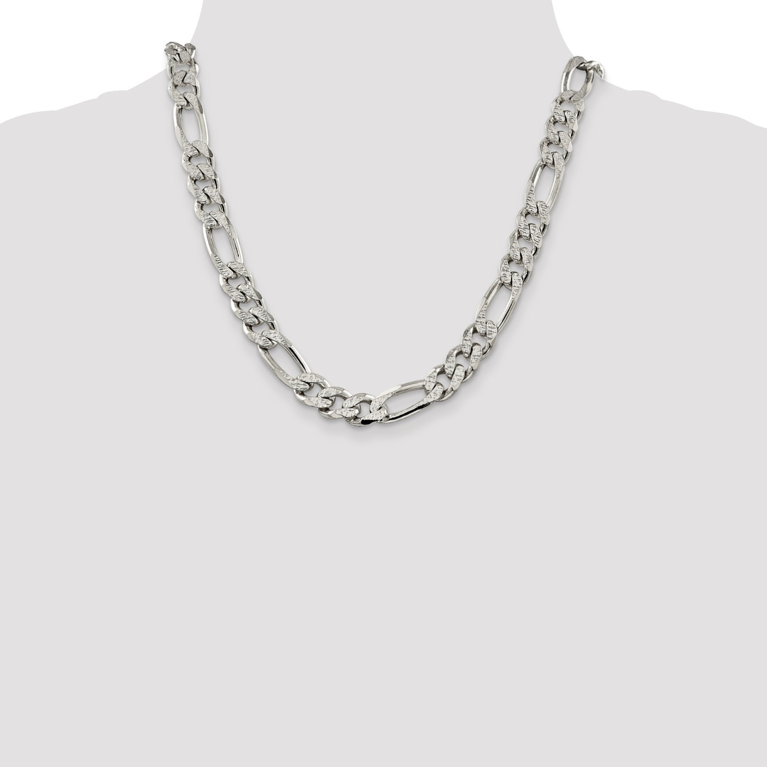 Sterling Silver 10.5mm Pave Flat Figaro Link Chain w/ Lobster Clasp 22″ – 26″