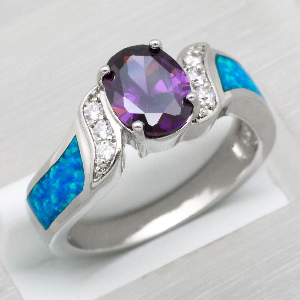 7×9 Simulated Amethyst Ocean Blue Opal Silver Jewelry Women Ring Size 7 8 9