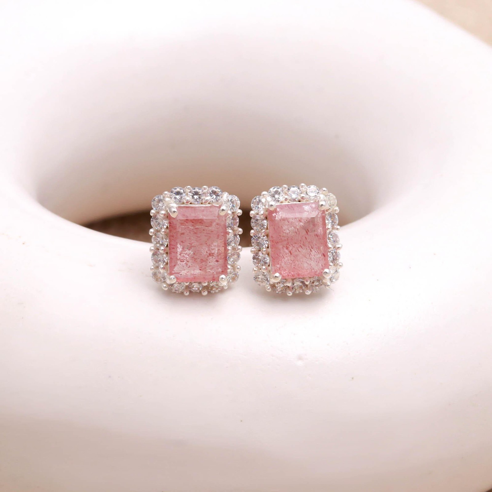 100% Natural Red Strawberry Octagon Stud Earring Solid Silver Moissanite Jewelry