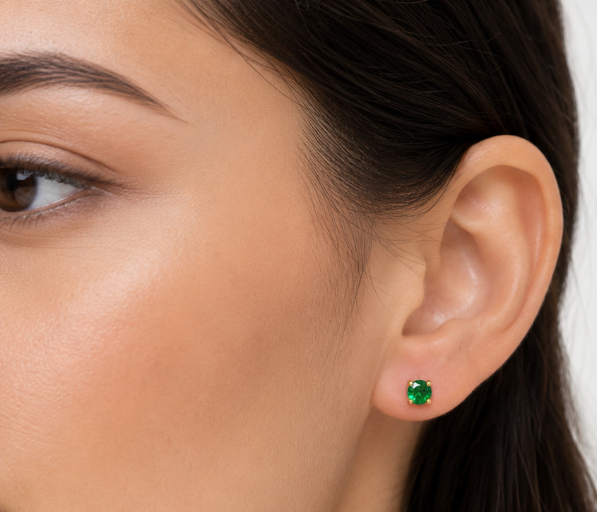 Yellow Gold Lab-Grown Green Emerald Solitaire Stud Earrings Round Cut Gemstone