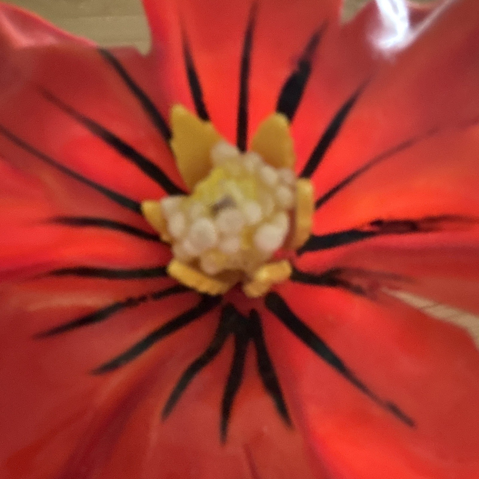 Vintage Red & Green Delicate Plastic Flower Brooch Pin Yellow & Black Accents