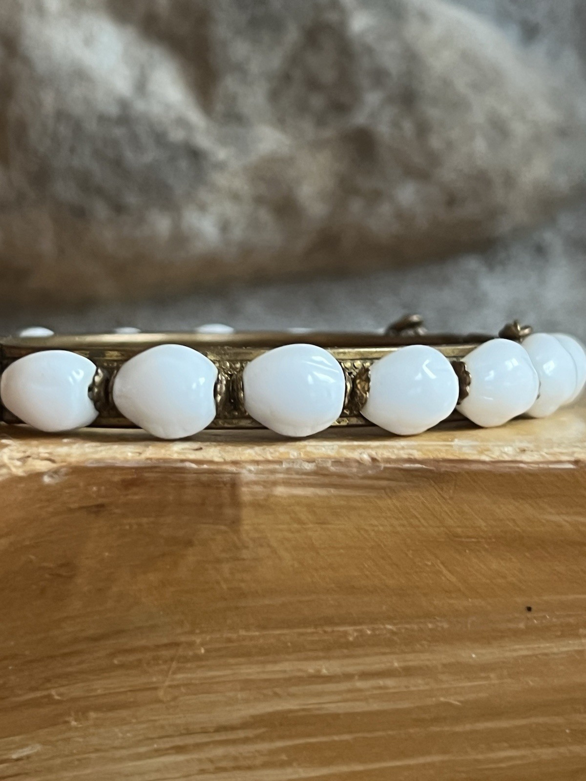 Vintage Miriam Haskell Bracelet 9” Brass Filigree Clasp Glass Beads Safety Chain