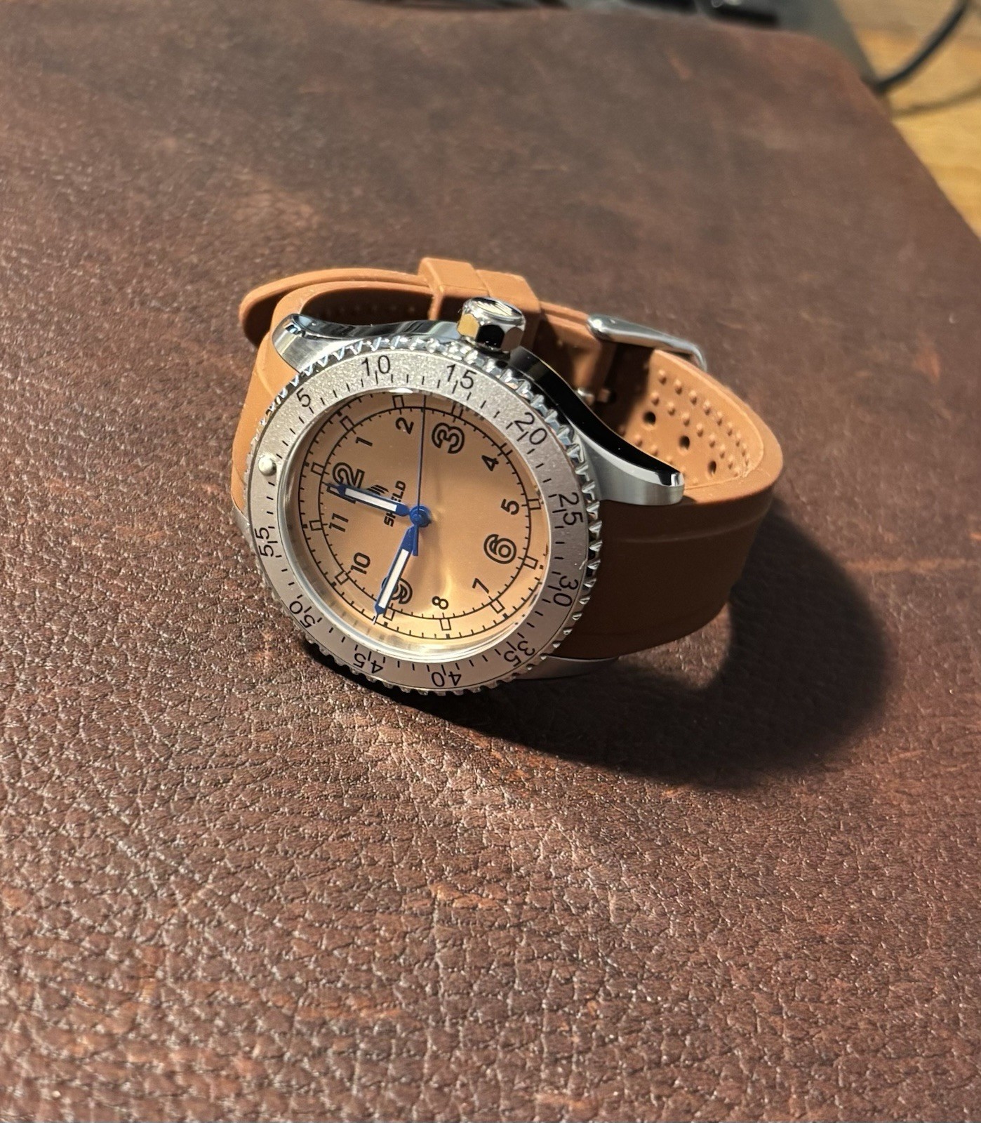 SHIELD Analog Japan Movement 200m Beige Dial Brown Silicone Strap w/Box