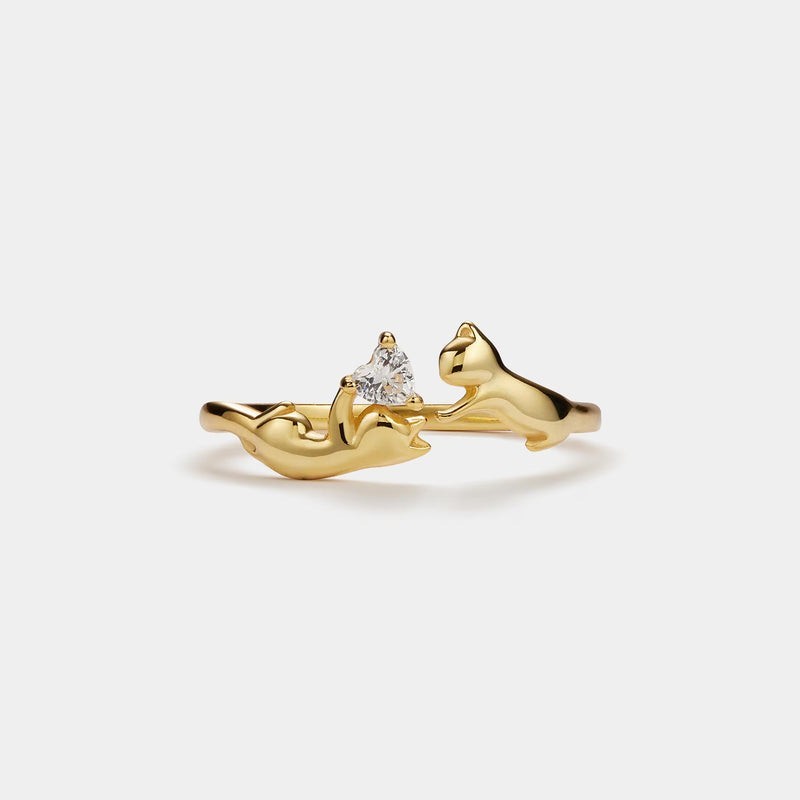Dainty Cat Heart Stone Stacking Bypass Ring in 925 Sterling Silver