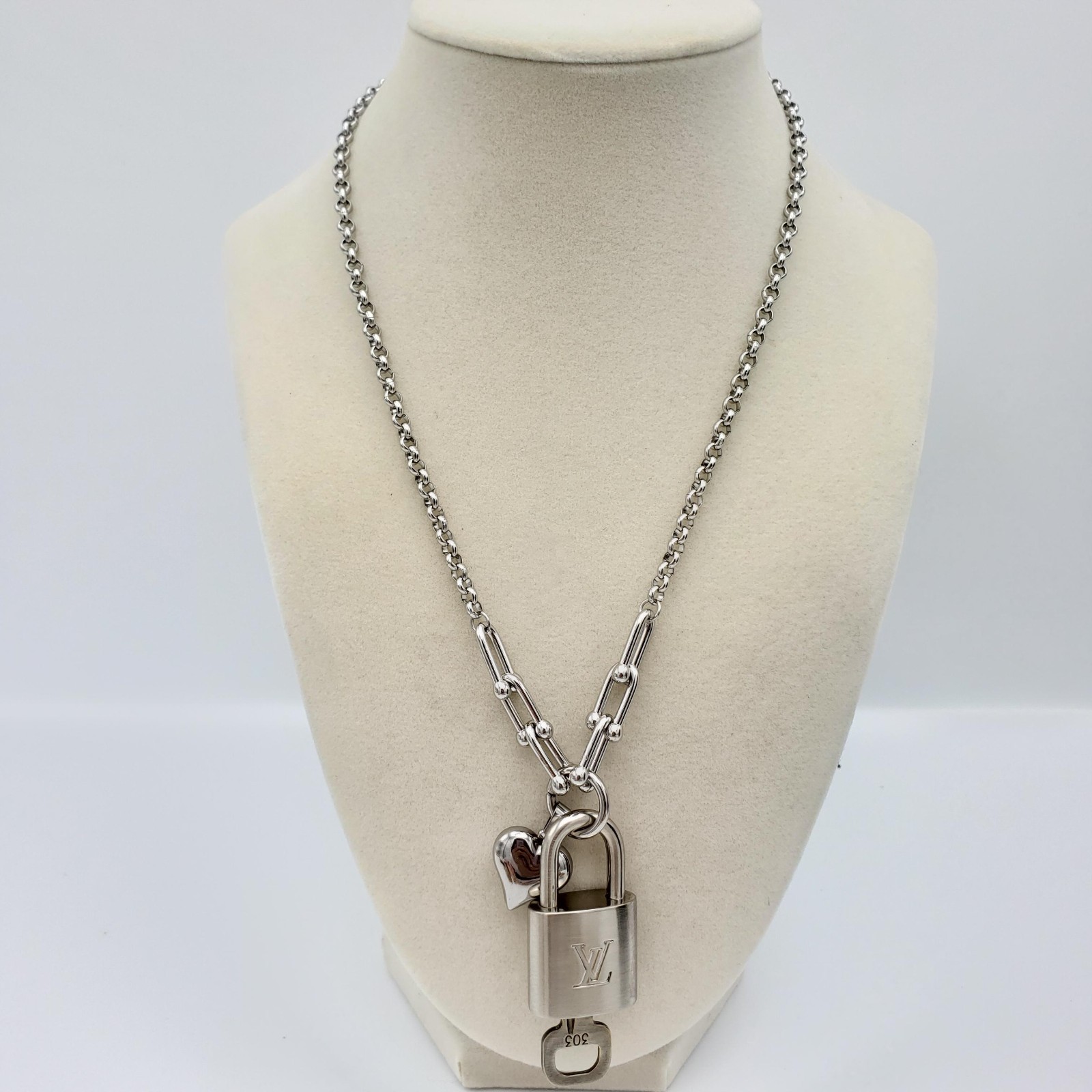 Authentic Louis Vuitton Padlock w/Unbranded Stainless Steel Plated Silver Chain