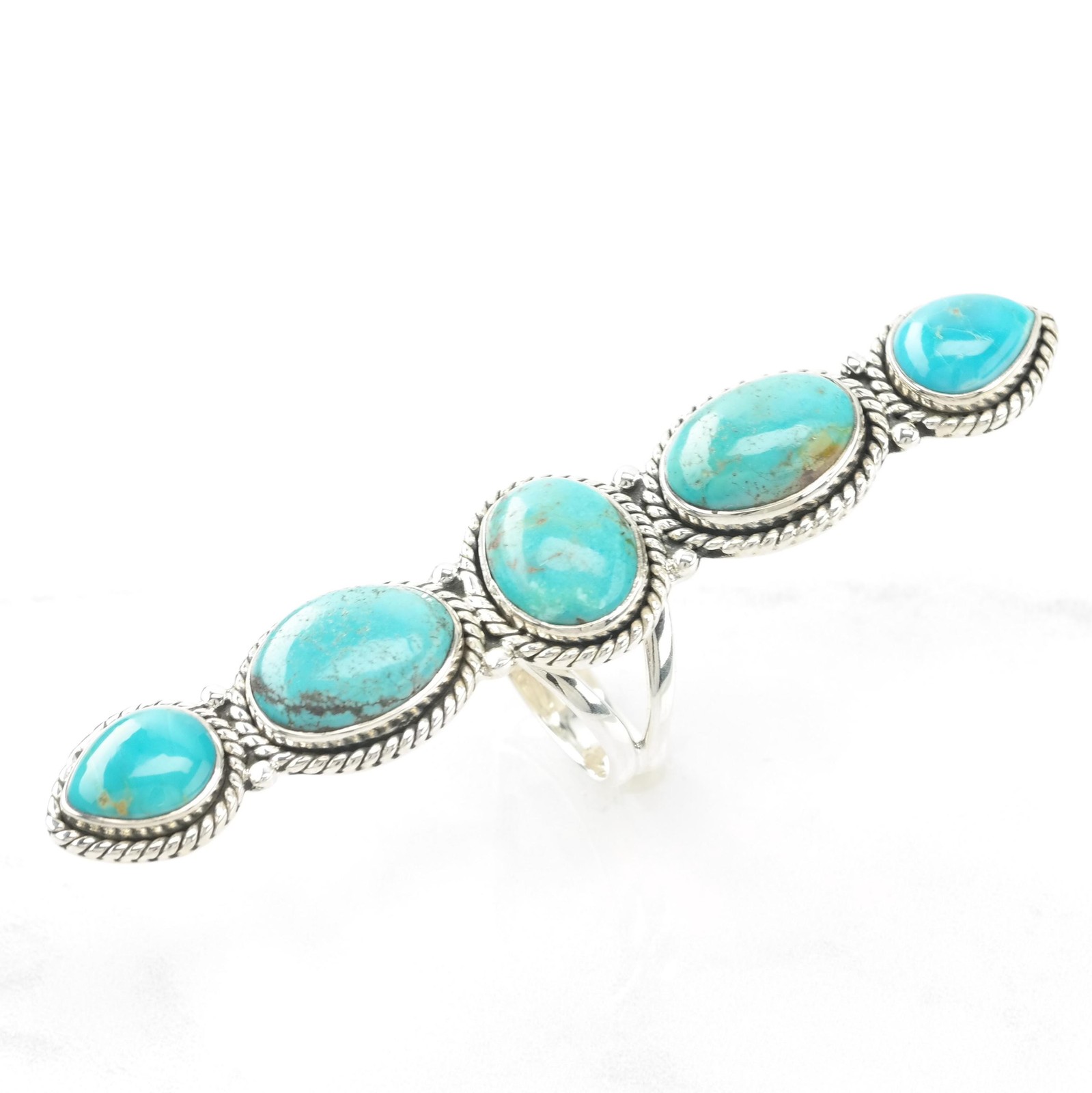 Long Turquoise Adjustable Sterling Silver Ring Size 7 1/4 to 13