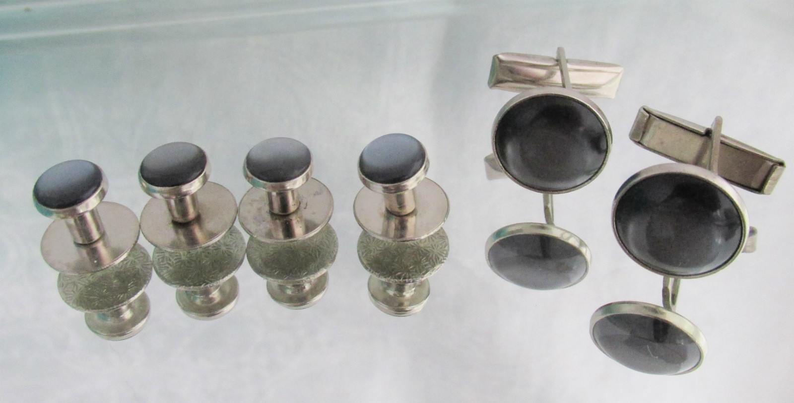 Vintage Gray Silver Plated Cufflinks & Studs Set Wedding Prom Special Occasion