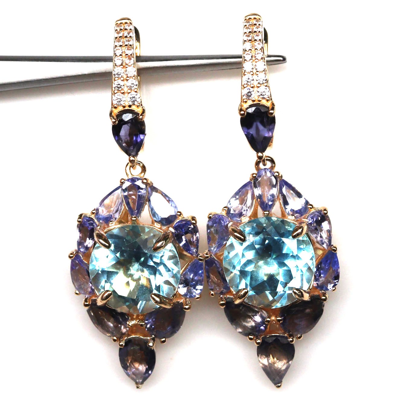 Ready to Ship 925 Silver Sky Blue Topaz Iolite Tanzanite Cubic Zirconia Earrings