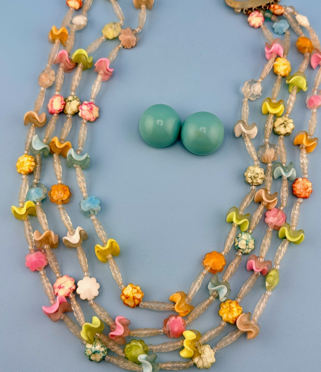 Vintage Plastic Flower Ruffle Bead Multi Strand Necklace Earrings Pastel Colors
