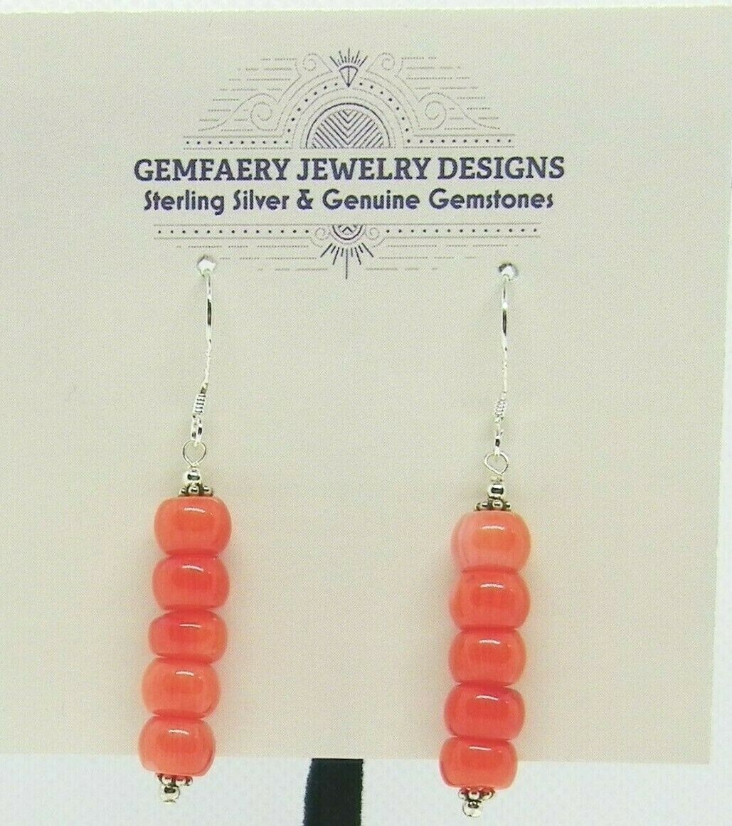 Sterling Silver Natural ORANGE CORAL Heishi Dangle Earrings #5255…Handmade USA