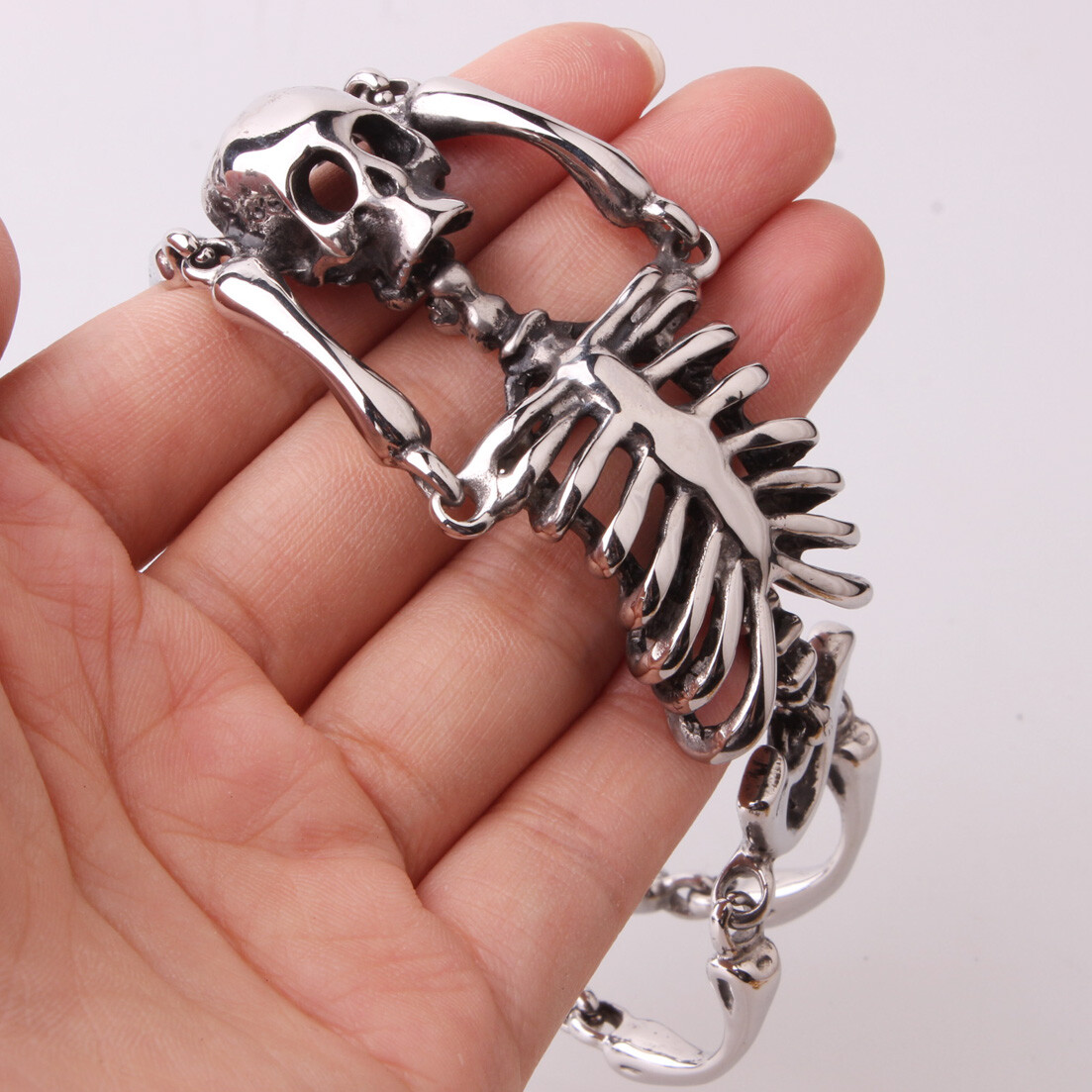 Silver/Gold/Black Gothic Stainless Steel Skeleton Skull Bracelet For Men 8.26in