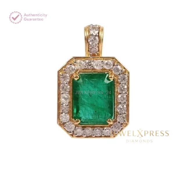 Natural Green Emerald 2Ct Emerald Cut Women Halo Pendant 14K Yellow Gold