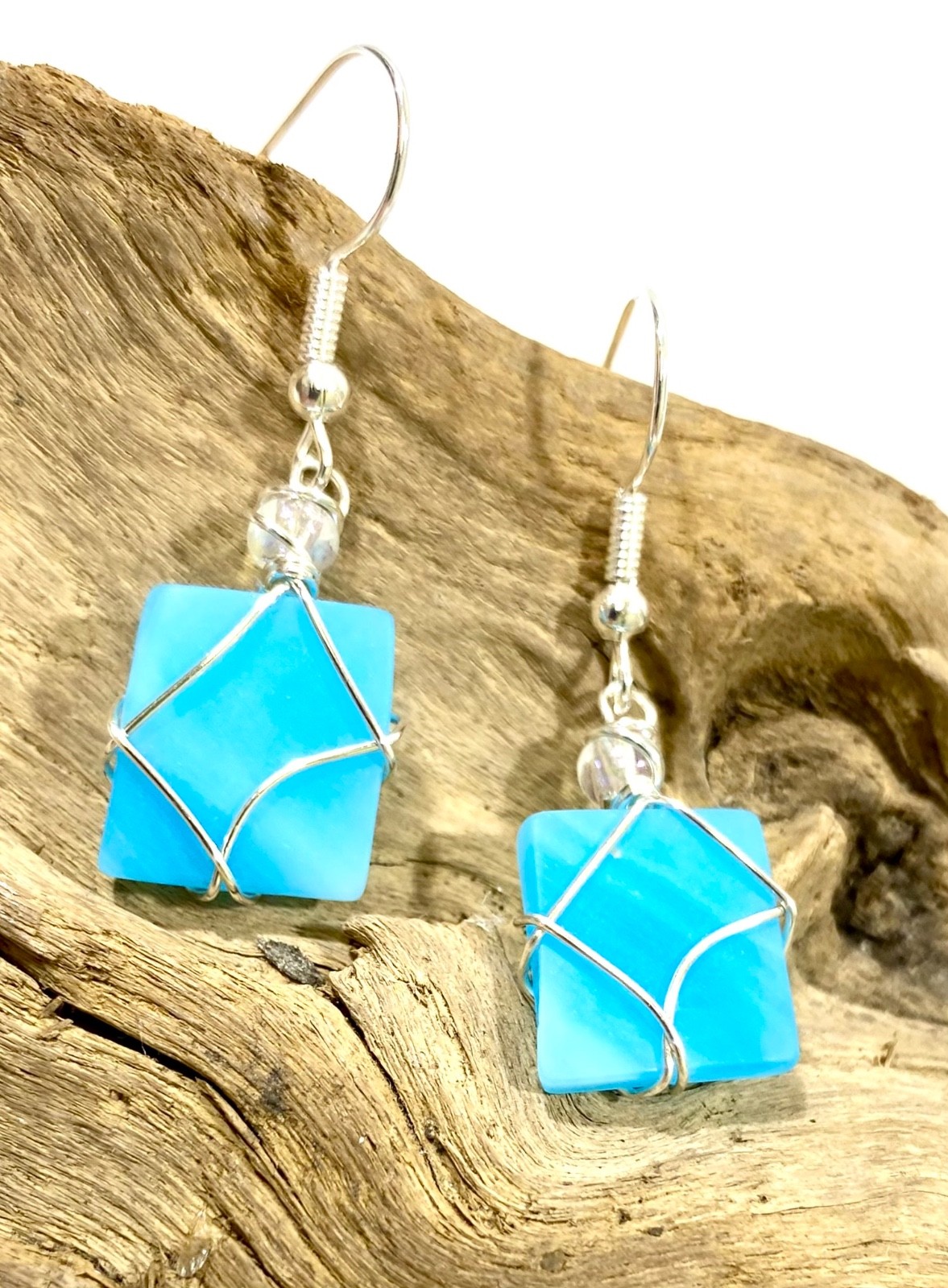 Dangle Earrings Square Sky Blue Opaque Sea Glass Straight Silver Wire Clear Bead