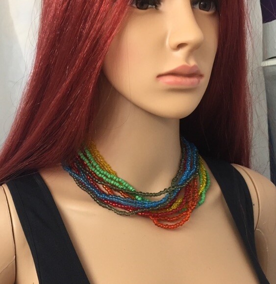 Colorful Crystal Beads & Jade Multi Strands Vintage Necklace
