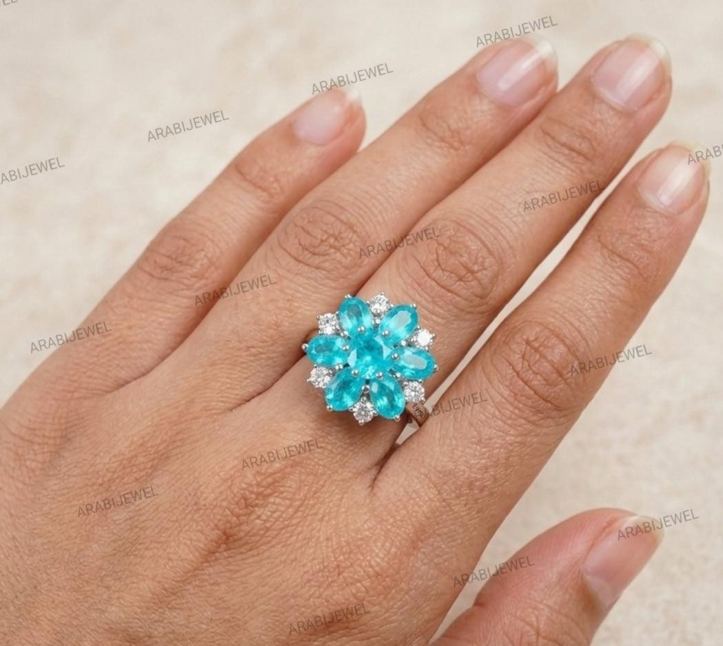 Flower Design Paraiba Tourmaline Ring 925 Sterling Silver Gift For Her Ring.