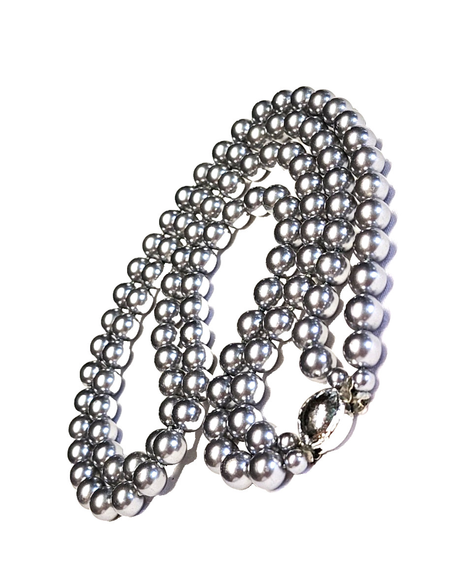 Vintage Silver Gray Long Faux Glass Pearl Necklace Pretty Push Lock Clasp 22”