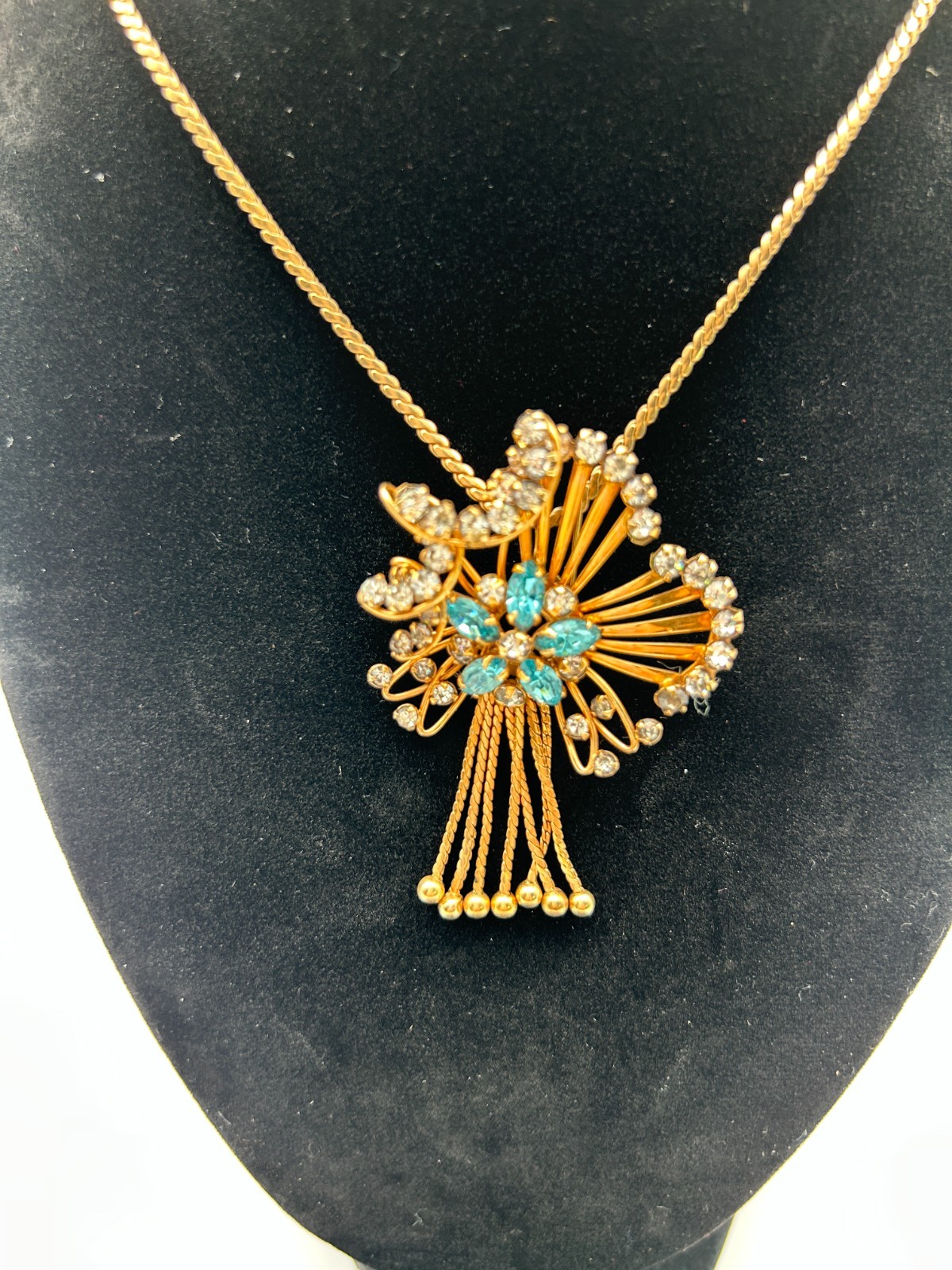 Vintage 12K Gold Filled MSK Floral Turquoise Rhinestone Necklace Earrings Set 35