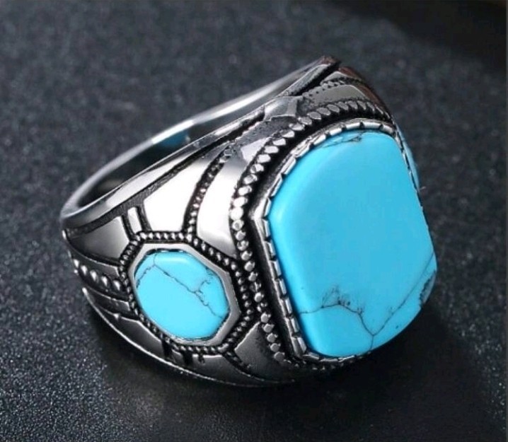 Silver-Plated Zinc Three Sided Turquoise Ring Size 10