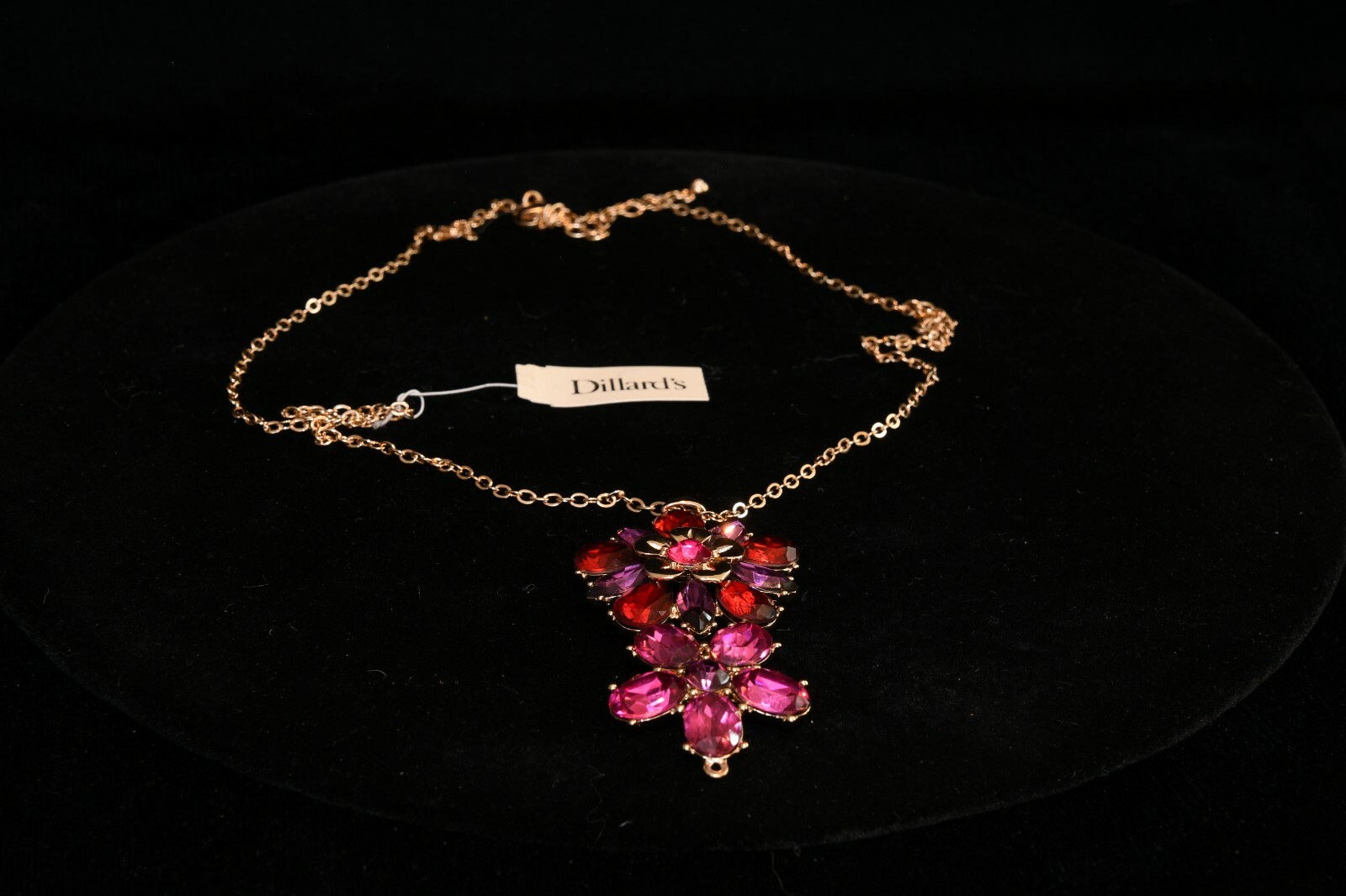 Dillards Red Purple and pink floral pendant w gold tone chain – new with tags