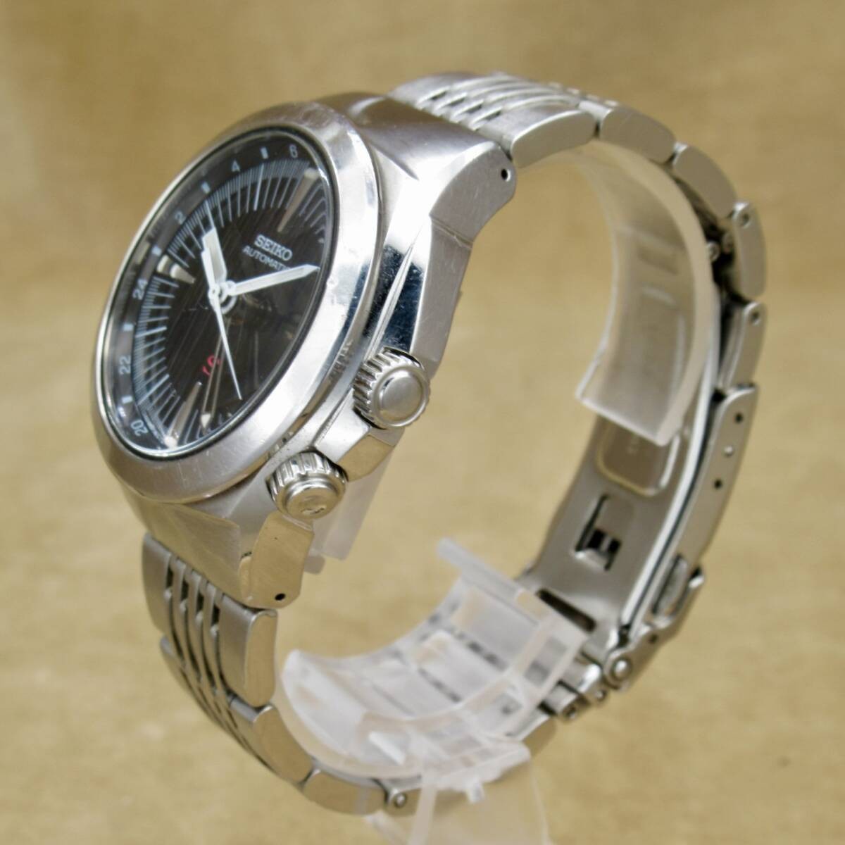 Seiko Sus SUS Mechanical Sus 4S12-0010 GMT Red S Logo Black Dial Silver Metal