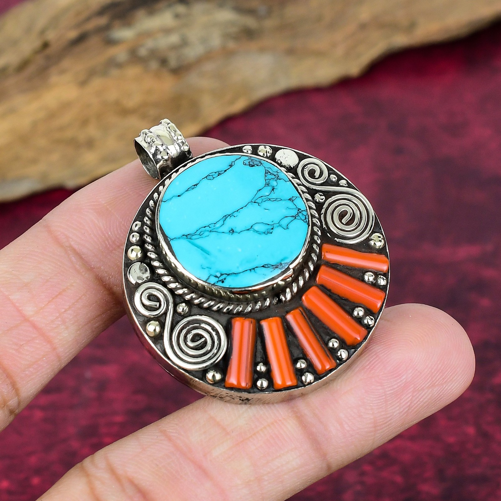 Turquoise, Coral Gemstone Handmade Jewelry 925 Sterling Silver Nepali Pendant