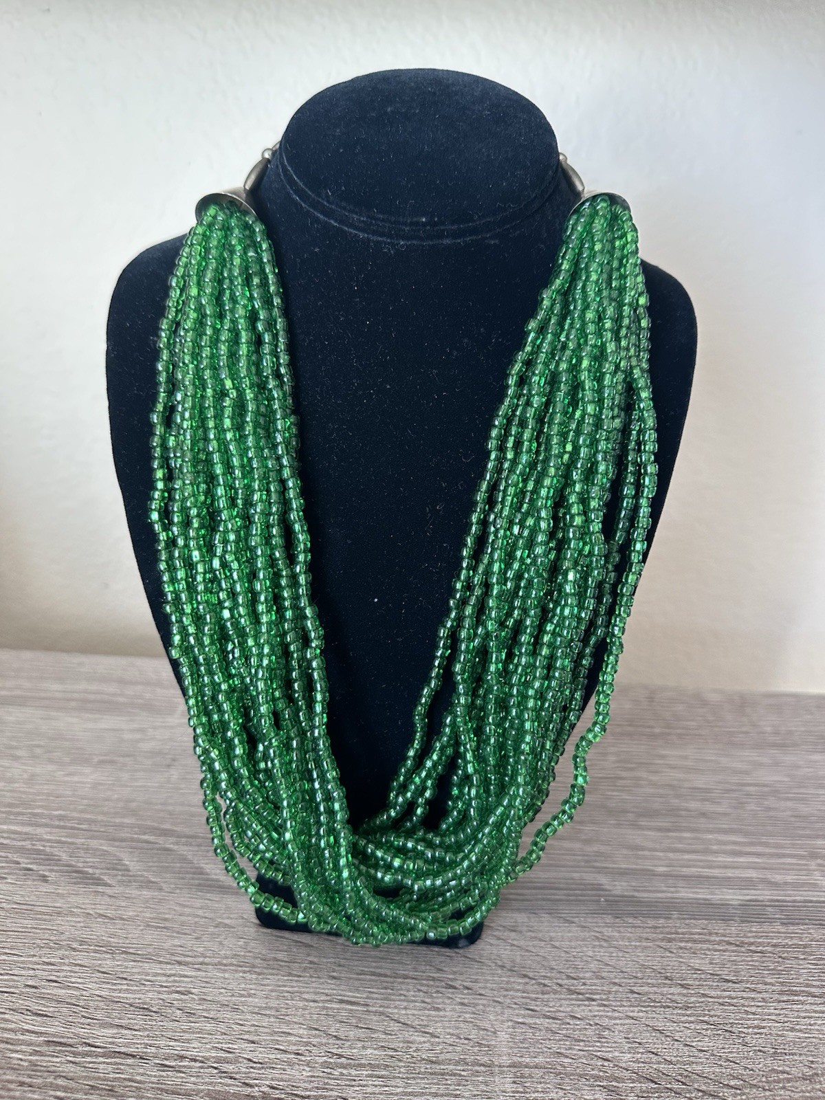 Vintage Southwestern Multi Strand Green Glass Seed Bead Necklace Silver Tone