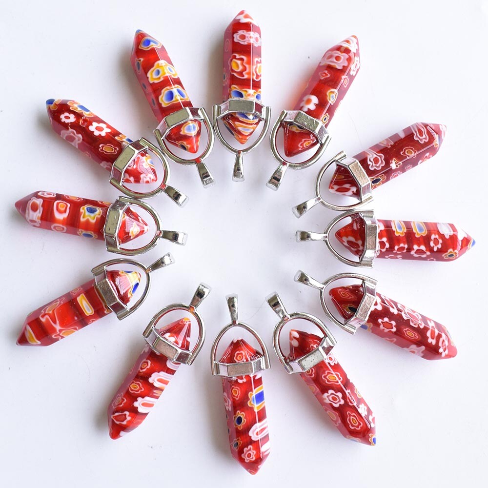 30pcs Mixed Thousand Flower Glass Pillar Point Charm Pendants for Jewelry Making