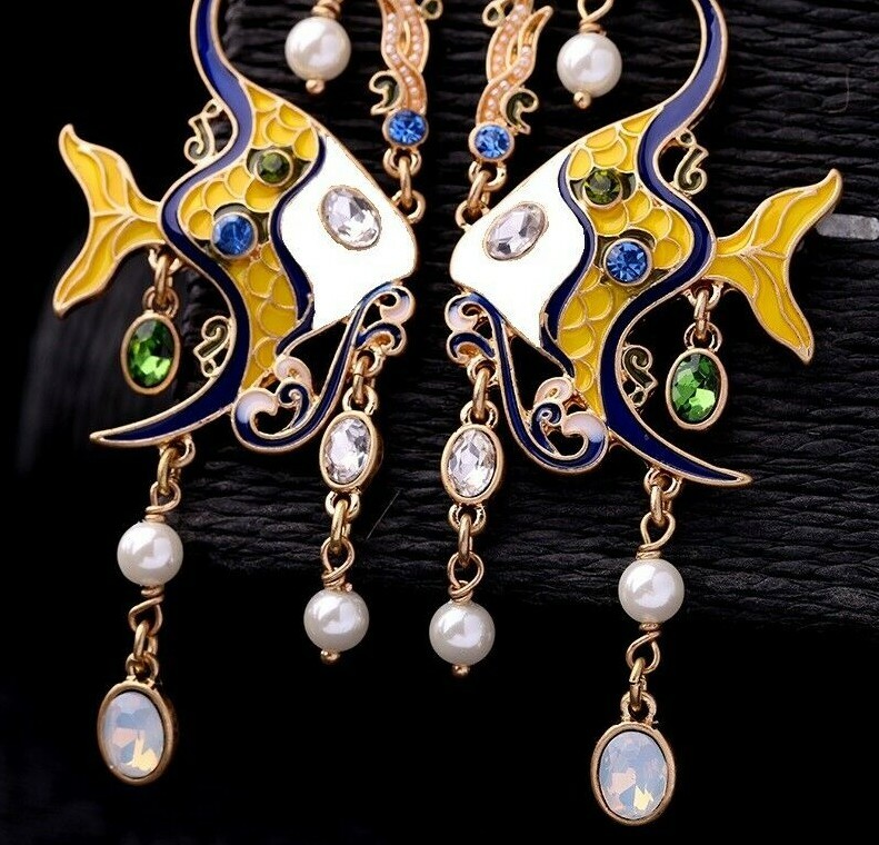 US Seller Betsey Johnson Metallic Jewel Fish Dangle Earrings Blue Yellow Pearl