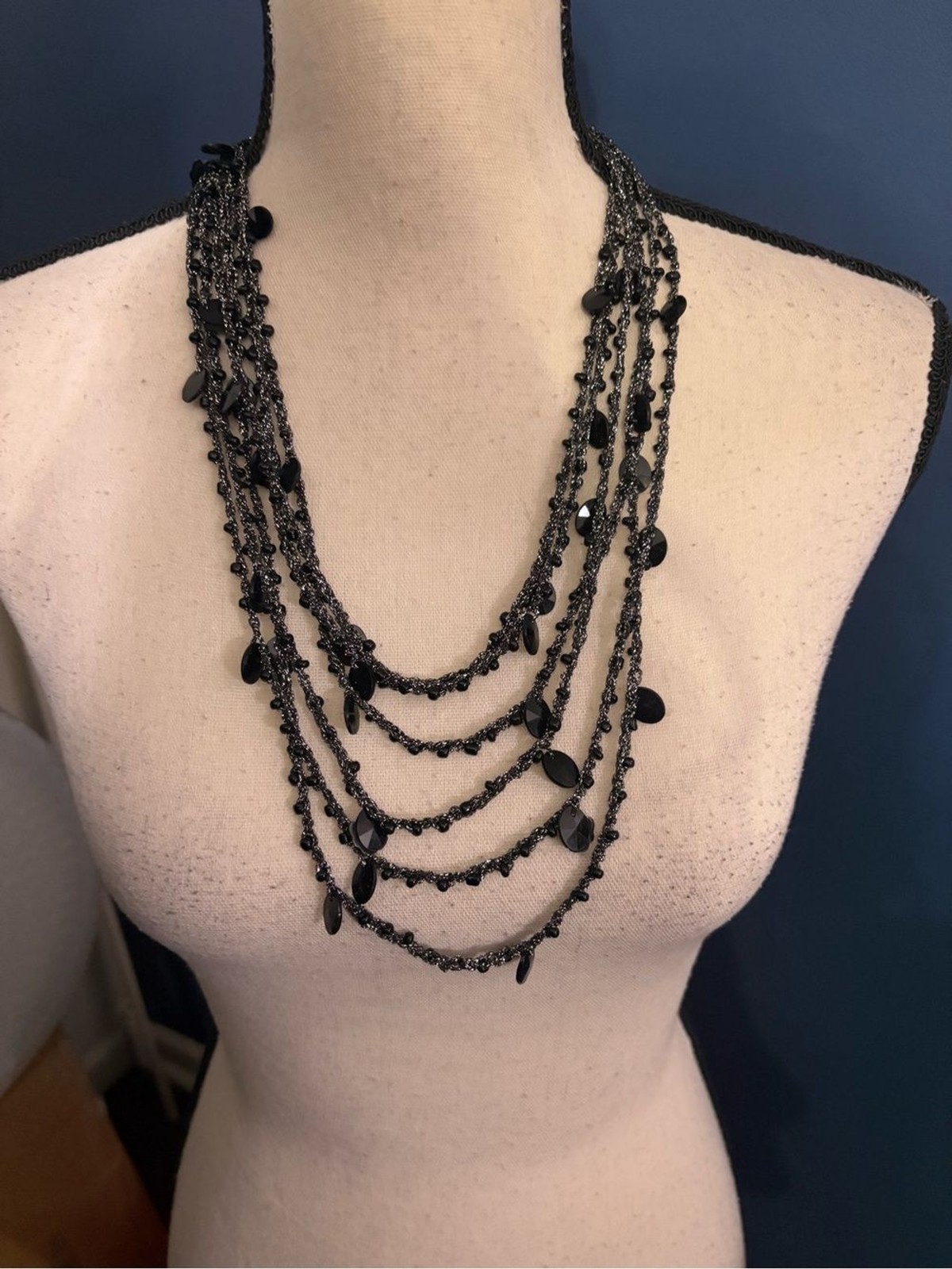 Black Gray Bead Multi Strand String Necklace