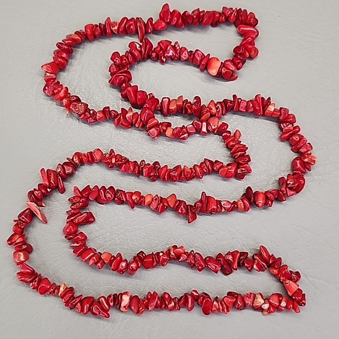Necklace Red Dyed Coral Chip Beaded Polished Beach Sea Life 38″