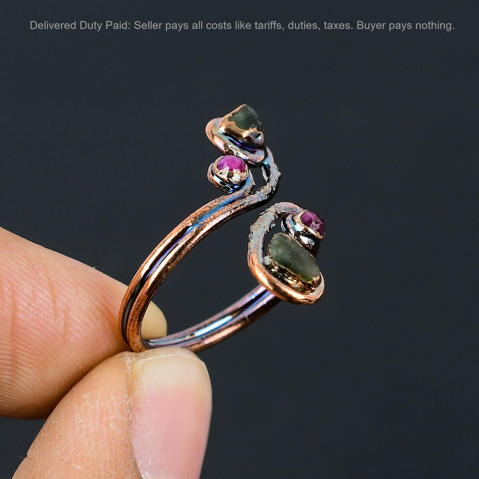 Multi Tourmaline Rough Stone Copper Electroformed Mother Stackable Ring Jewelry
