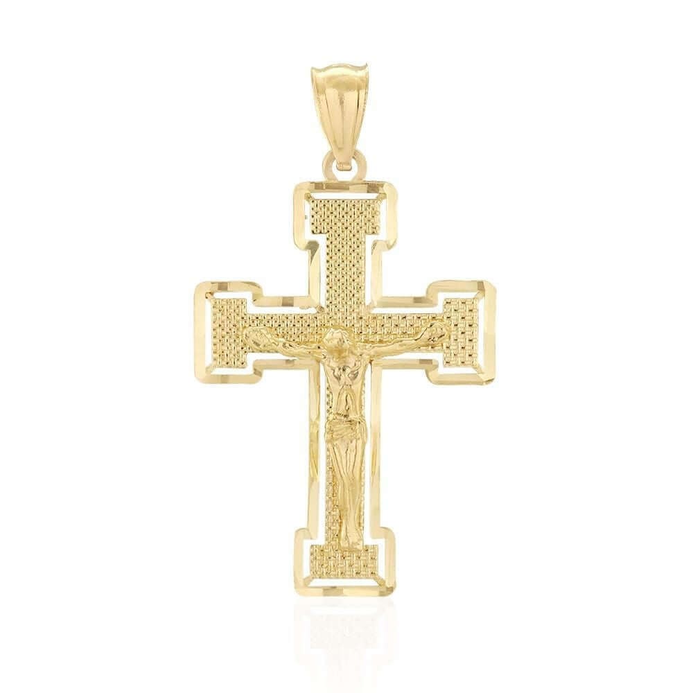 14K Yellow Gold Diamond-Cut Jesus Crucifix Religious Cross Pendant 1.6″