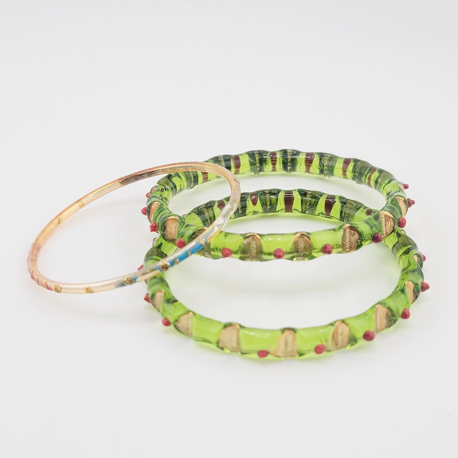Vtg Lot 3pc Bracelet Bangle Green Art Glass Christmas Anytime Fashion Jewelry