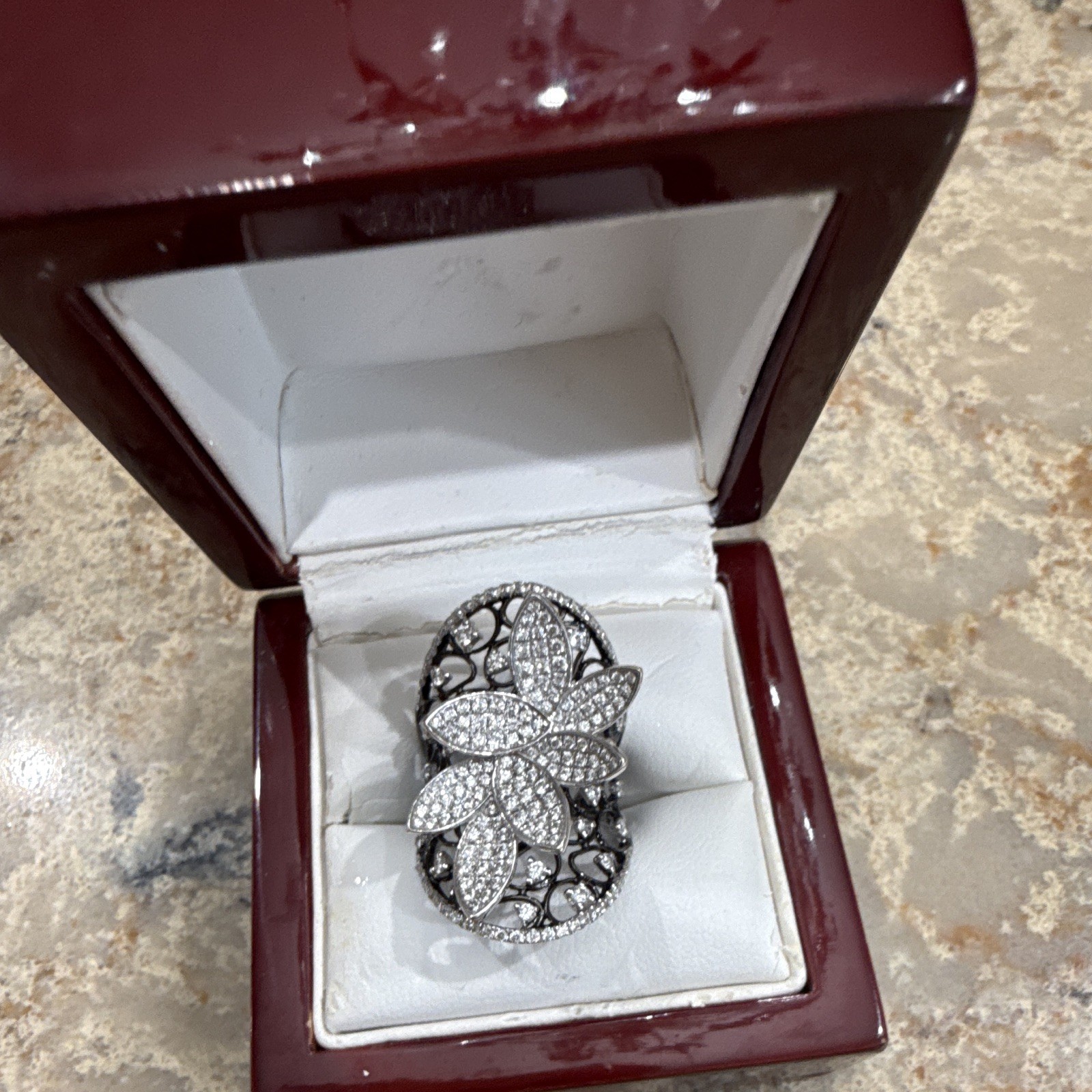 925 Sterling Silver Diamond Flower Cocktail Ring White/Colorless Stone
