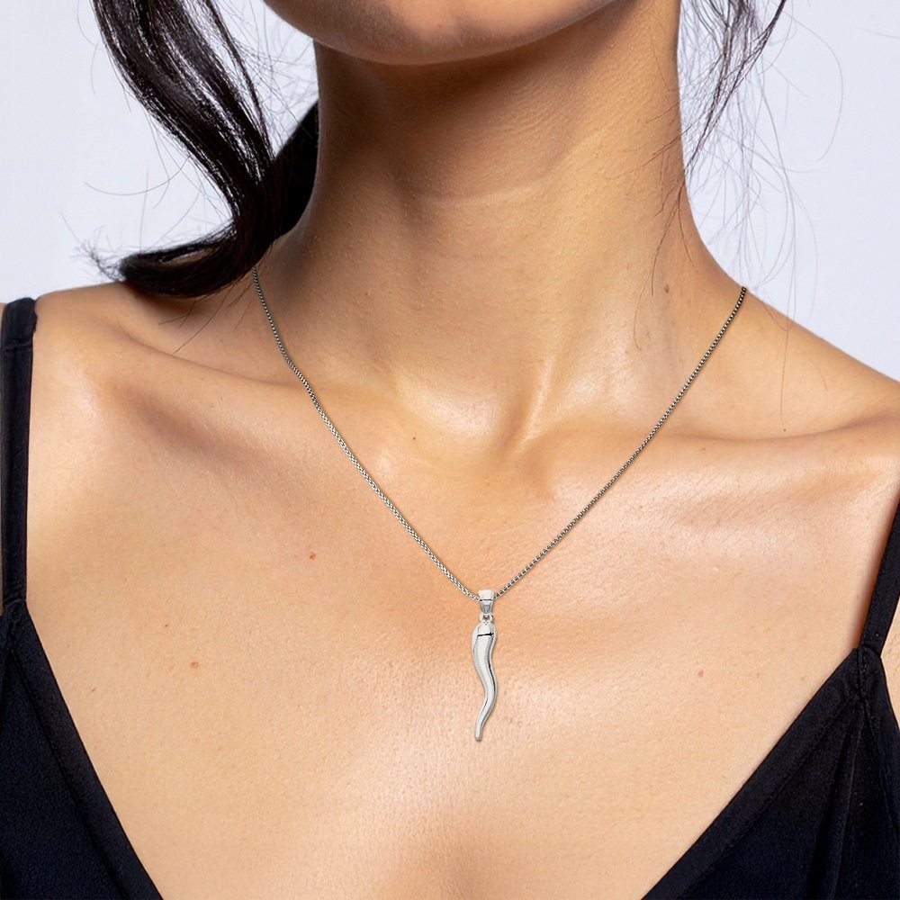 10K White Gold Extra Large Cornicello Italian Horn Pendant Necklace 42mm 1-5/8