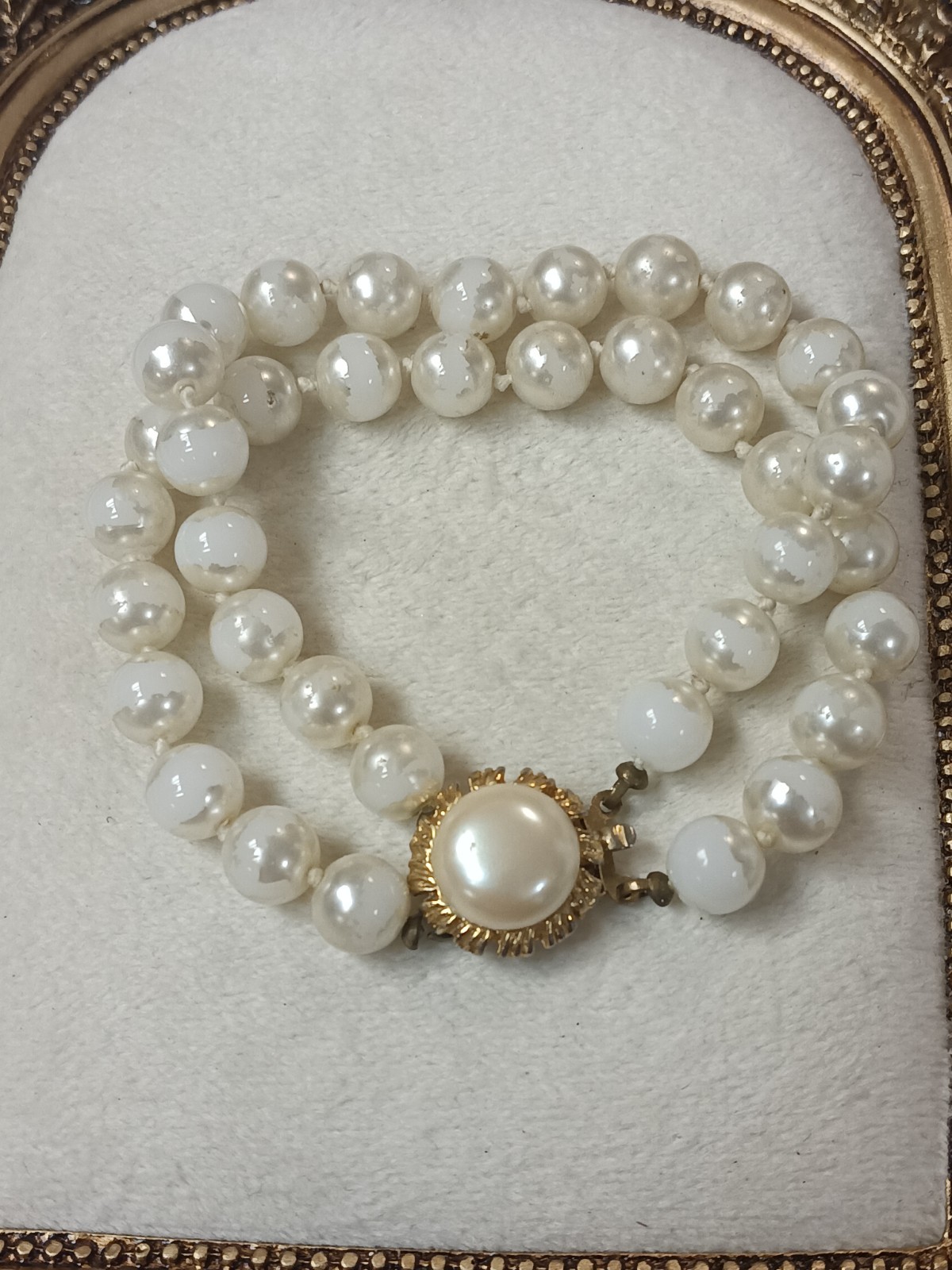 vintage Double Strand White Imitation Pearl Beaded Bracelet, 7 in, Box Clasp