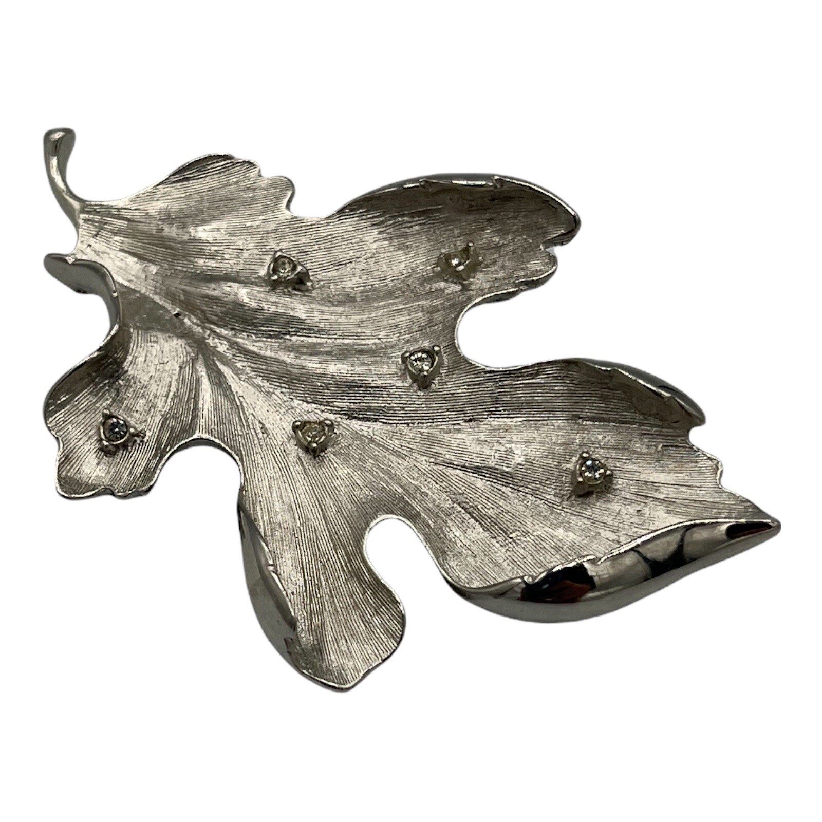 Vintage Silver Tone Tana Oak Sycamore Leaf Brooch Pin with Clear Rhinestones