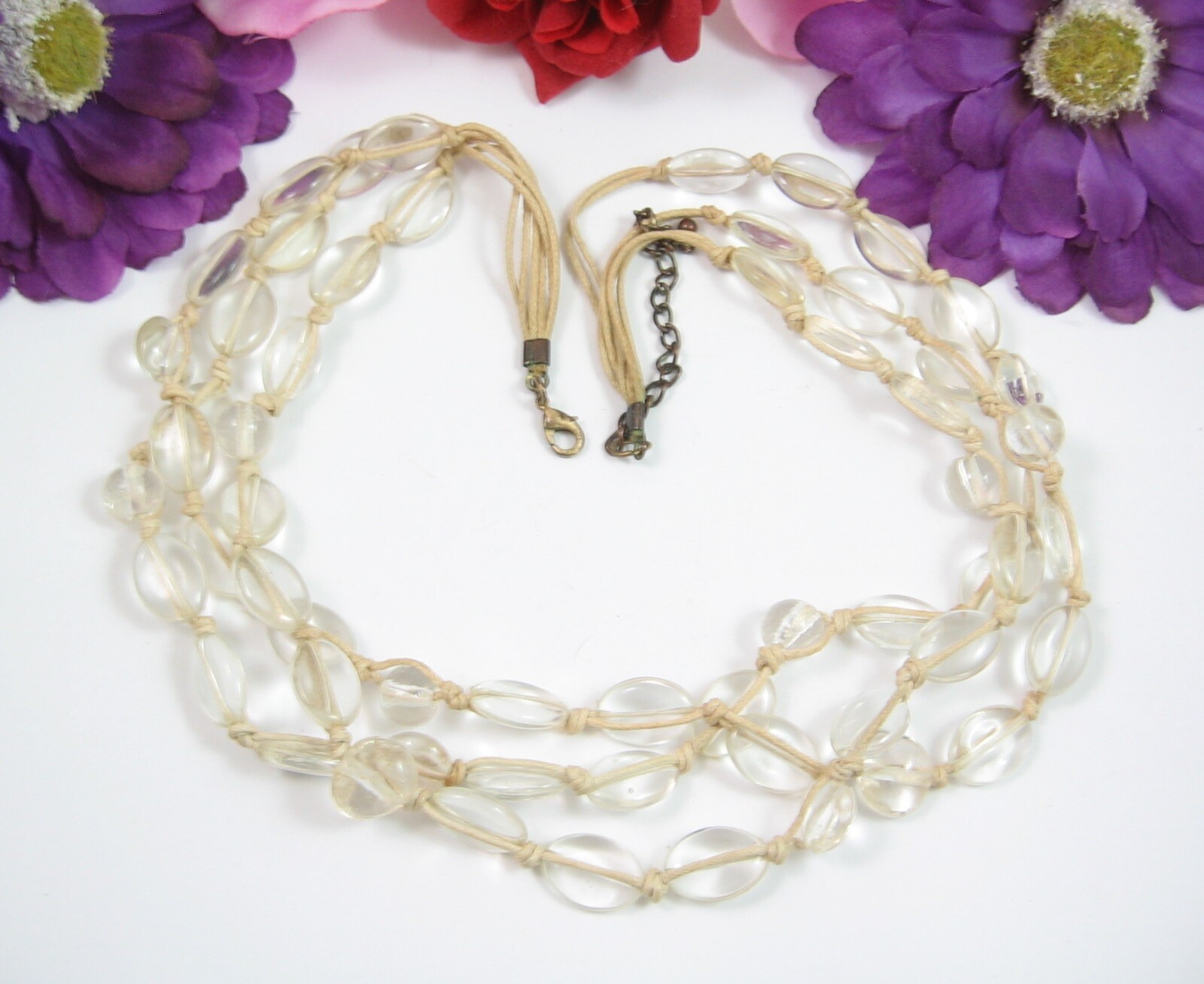 CLEAR GLASS BEAD Necklace Vintage 3 TRIPLE Strand Oval Round Beaded String 22″