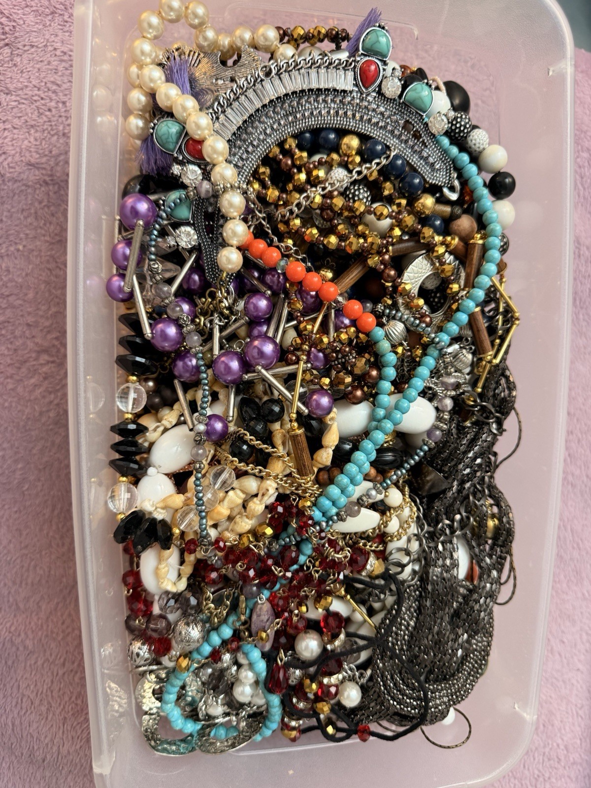 50 Plus Necklaces.All wearable.Stones, Glass, Resin, Plastic,Shell. Lot 1.