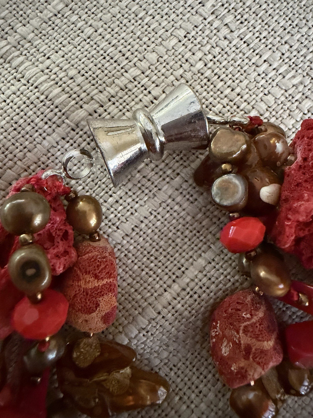 Artisan Multi Strand Coral Shell Pearl Glass Bead Necklace Magnetic Clasp