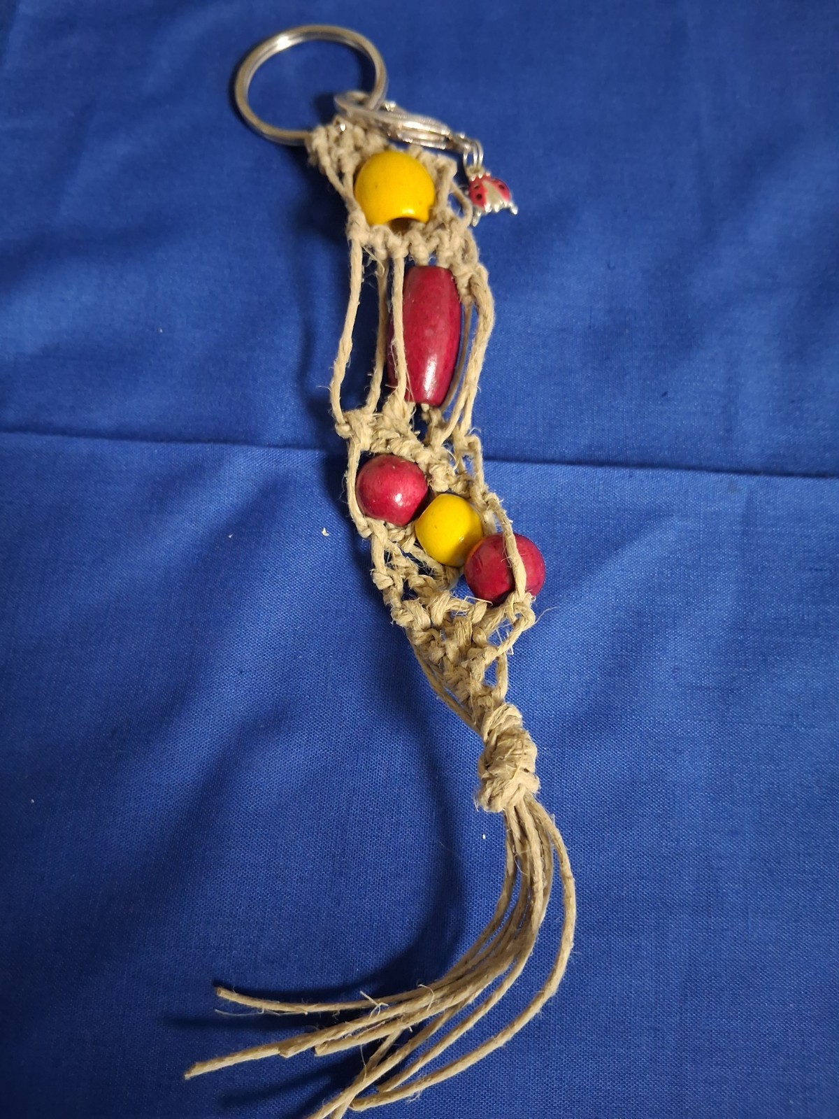 Key Chain, Vintage, Beaded, Macrame, Lady Bug Charm